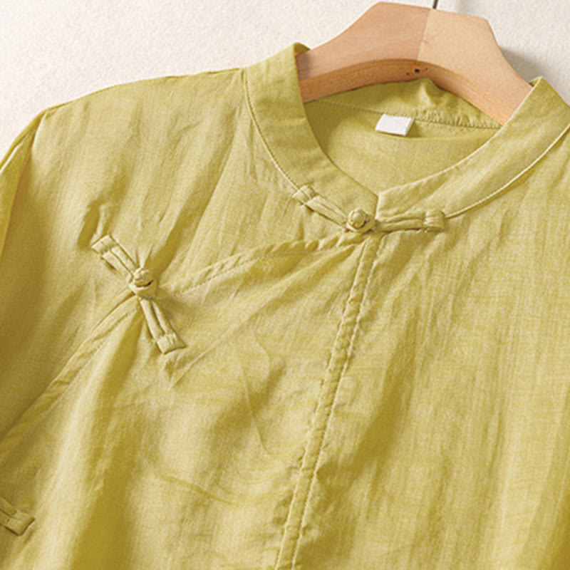 Buddha Stones Plain Frog-Button Long Sleeve Cotton Linen Women's Midi Dress - image 1