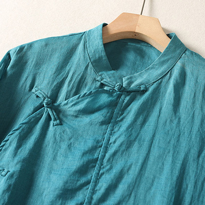 Buddha Stones Plain Frog-Button Long Sleeve Cotton Linen Women's Midi Dress - image 18