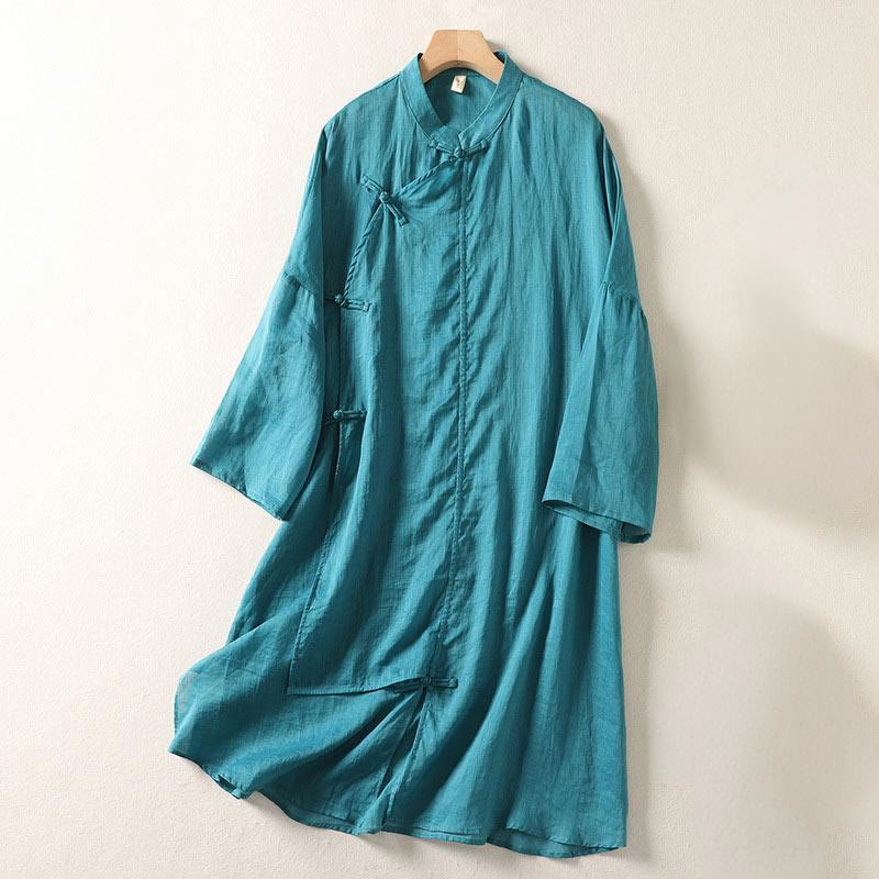 Buddha Stones Plain Frog-Button Long Sleeve Cotton Linen Women's Midi Dress - DarkCyan - US8-10,UK/AU12-14,EU40-42 (2XL) - image 17