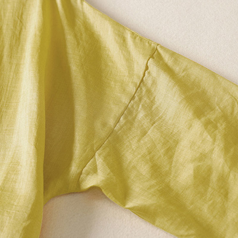 Buddha Stones Plain Frog-Button Long Sleeve Cotton Linen Women's Midi Dress - image 2