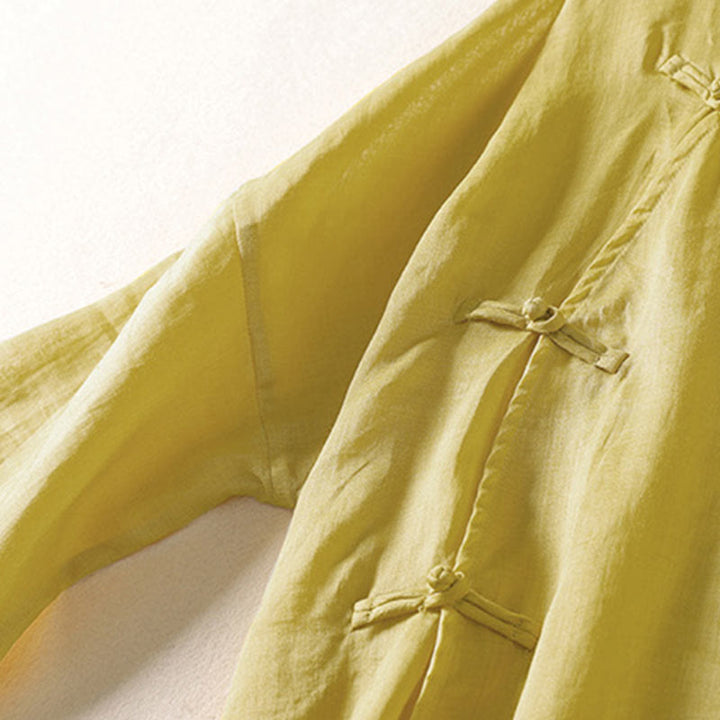 Buddha Stones Plain Frog-Button Long Sleeve Cotton Linen Women's Midi Dress - image 4