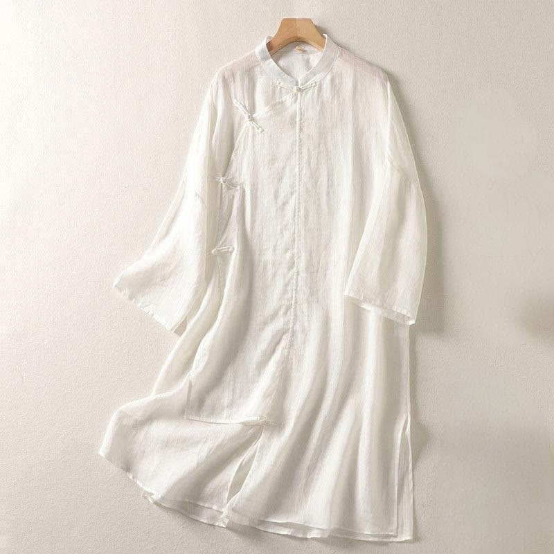 Buddha Stones Plain Frog-Button Long Sleeve Cotton Linen Women's Midi Dress - FloralWhite - US8-10,UK/AU12-14,EU40-42 (2XL) - image 6