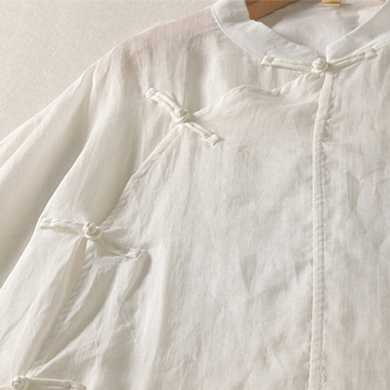 Buddha Stones Plain Frog-Button Long Sleeve Cotton Linen Women's Midi Dress - image 8