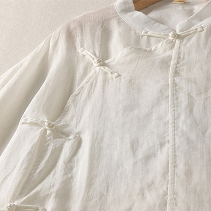 Buddha Stones Plain Frog-Button Long Sleeve Cotton Linen Women's Midi Dress - image 8