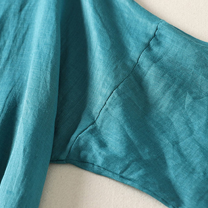 Buddha Stones Plain Frog-Button Long Sleeve Cotton Linen Women's Midi Dress - image 20