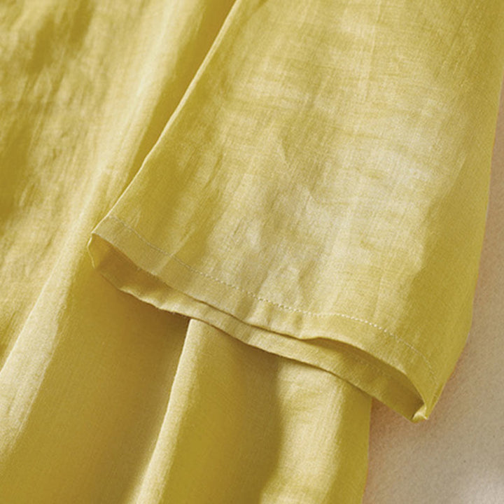 Buddha Stones Plain Frog-Button Long Sleeve Cotton Linen Women's Midi Dress - image 3