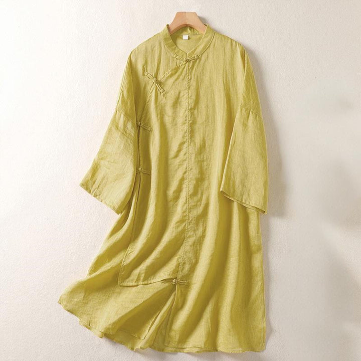 Buddha Stones Plain Frog-Button Long Sleeve Cotton Linen Women's Midi Dress - Khaki - US8-10,UK/AU12-14,EU40-42 (2XL) - image 0