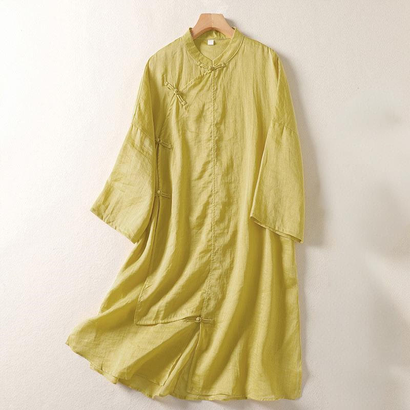 Buddha Stones Plain Frog-Button Long Sleeve Cotton Linen Women's Midi Dress - Khaki - US8-10,UK/AU12-14,EU40-42 (2XL) - image 0