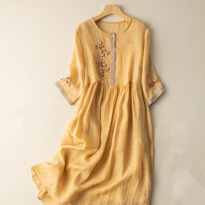 Buddha Stones Spring Ethnic Embroidery Half Sleeve Cotton Linen Women's Midi Dress - Gold - US8-10,UK/AU12-14,EU40-42 (2XL) - image 2