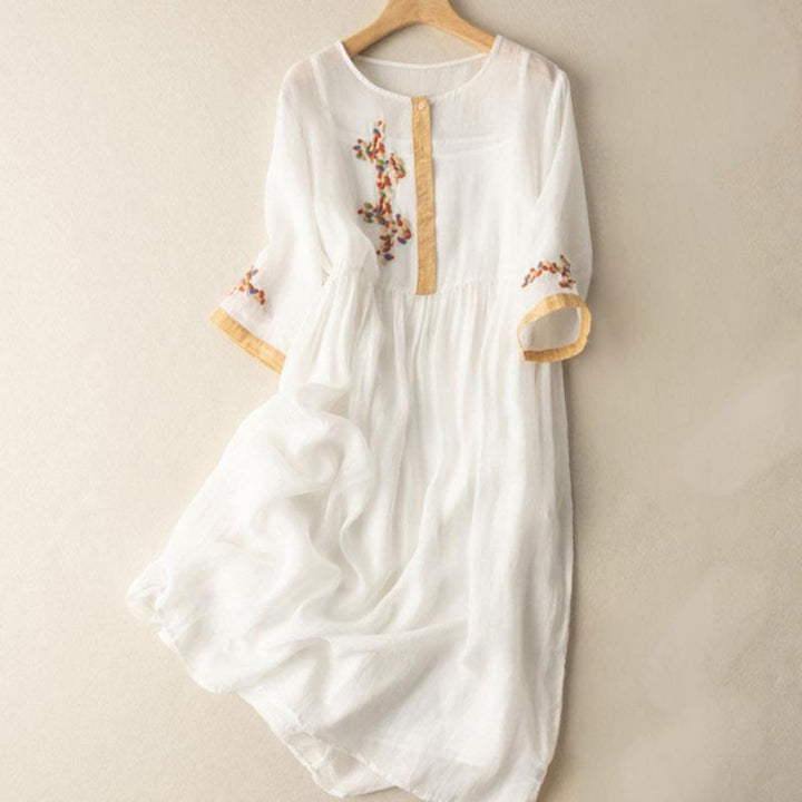Buddha Stones Spring Ethnic Embroidery Half Sleeve Cotton Linen Women's Midi Dress - White - US8-10,UK/AU12-14,EU40-42 (2XL) - image 0