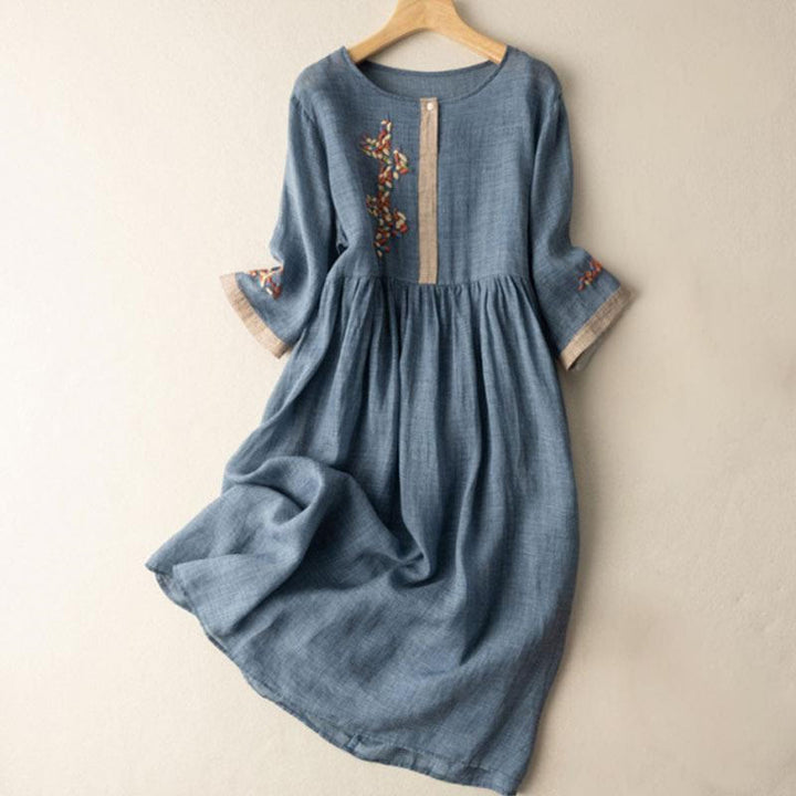 Buddha Stones Spring Ethnic Embroidery Half Sleeve Cotton Linen Women's Midi Dress - SteelBlue - US8-10,UK/AU12-14,EU40-42 (2XL) - image 10