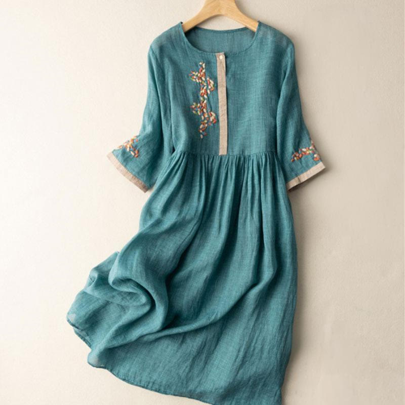 Buddha Stones Spring Ethnic Embroidery Half Sleeve Cotton Linen Women's Midi Dress - Teal - US8-10,UK/AU12-14,EU40-42 (2XL) - image 6