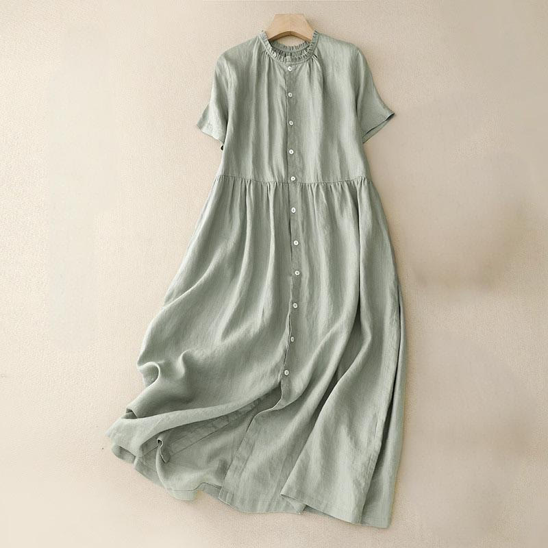 Buddha Stones Casual Plain Button Crew Ruffle Neck Short Sleeve Cotton Linen Women's Midi Dress - LightGreen - US8-10,UK/AU12-14,EU40-42 (2XL) - image 0