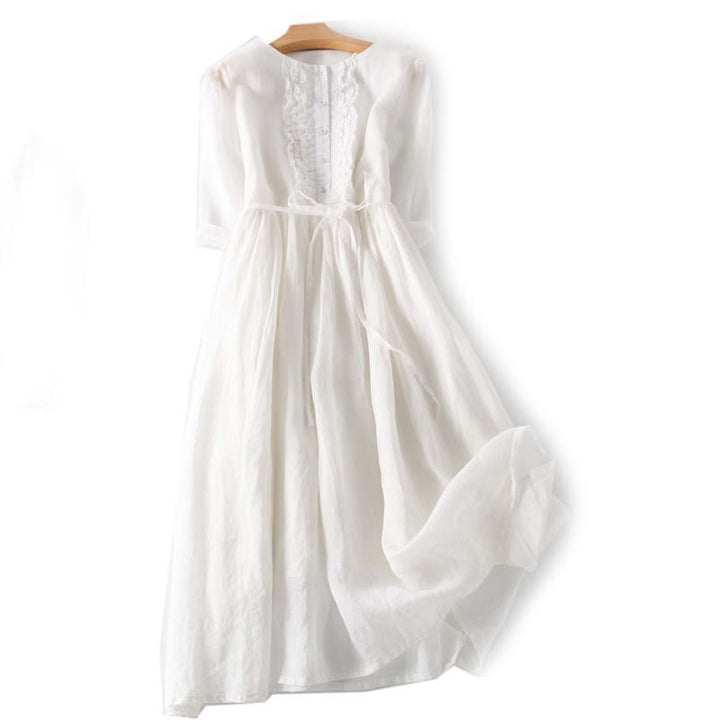 Buddha Stones Casual Plain Ruffle Design Short Sleeve Lace-Up Women's Midi Dress With Pockets - White - US8-10,UK/AU12-14,EU40-42 (2XL) - image 14