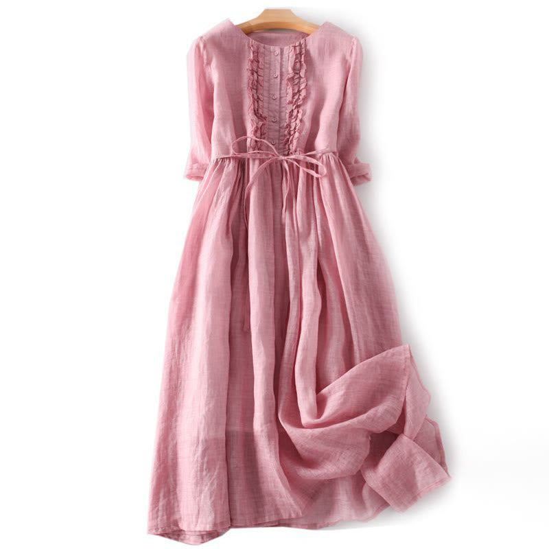 Buddha Stones Casual Plain Ruffle Design Short Sleeve Lace-Up Women's Midi Dress With Pockets - LightCoral - US8-10,UK/AU12-14,EU40-42 (2XL) - image 8