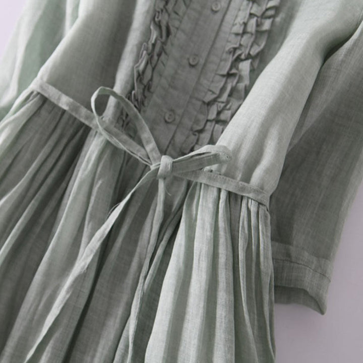 Buddha Stones Casual Plain Ruffle Design Short Sleeve Lace-Up Women's Midi Dress With Pockets - image 5