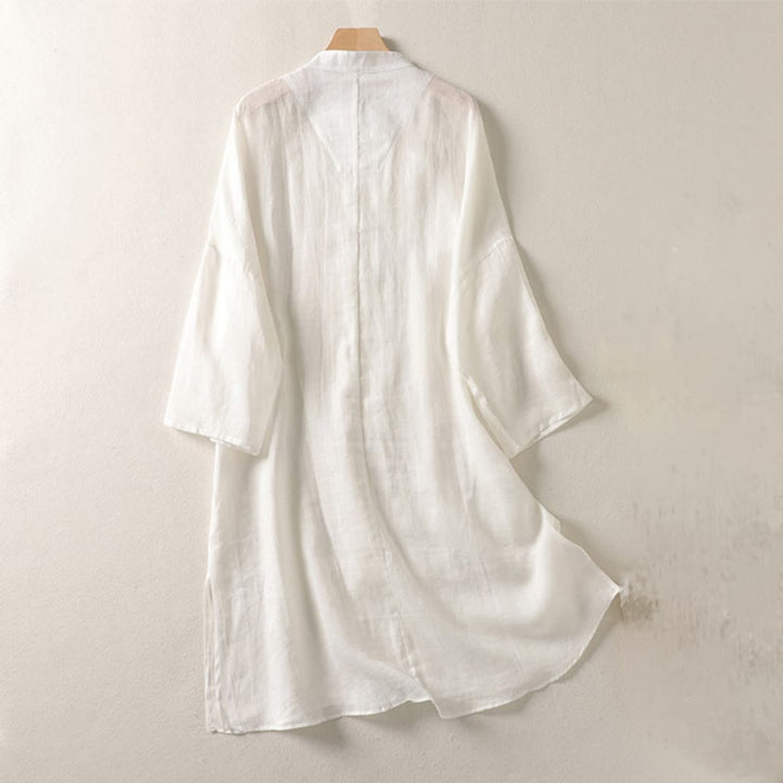 Buddha Stones Plain Frog-Button Long Sleeve Cotton Linen Women's Midi Dress - image 7