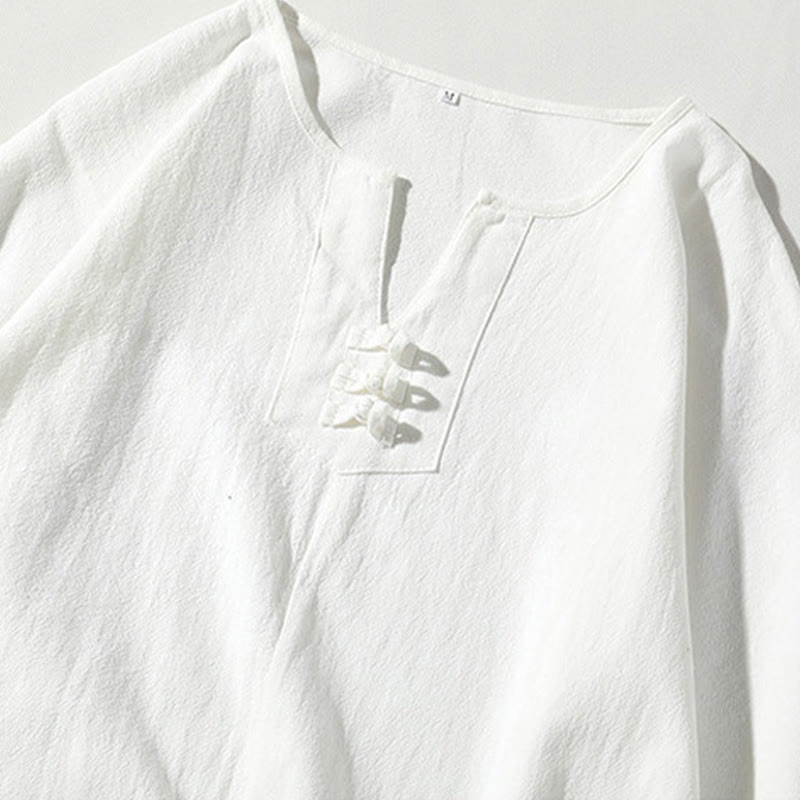 Buddha Stones 2Pcs Plain Notched Collar T-Shirt 7-8 Length Wide Leg Shorts With Pockets Cotton Linen Men's Meditation Cloth Set - image 16