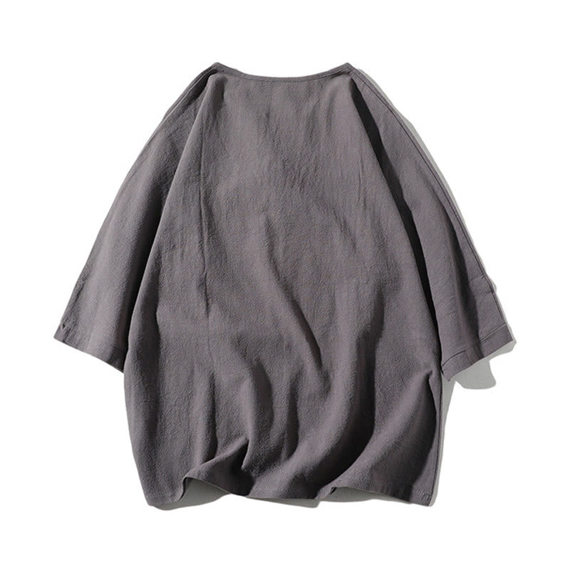 Buddha Stones 2Pcs Plain Notched Collar T-Shirt 7-8 Length Wide Leg Shorts With Pockets Cotton Linen Men's Meditation Cloth Set - image 2