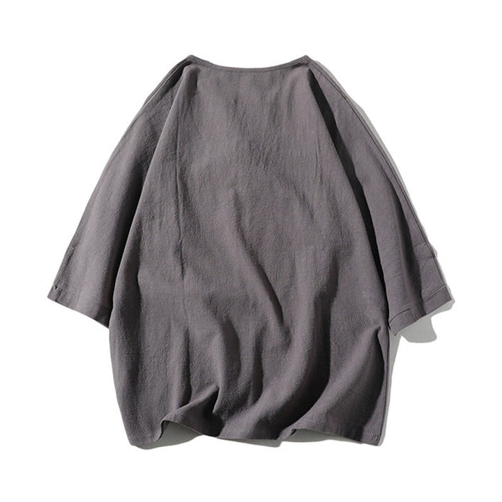 Buddha Stones 2Pcs Plain Notched Collar T-Shirt 7-8 Length Wide Leg Shorts With Pockets Cotton Linen Men's Meditation Cloth Set - image 2