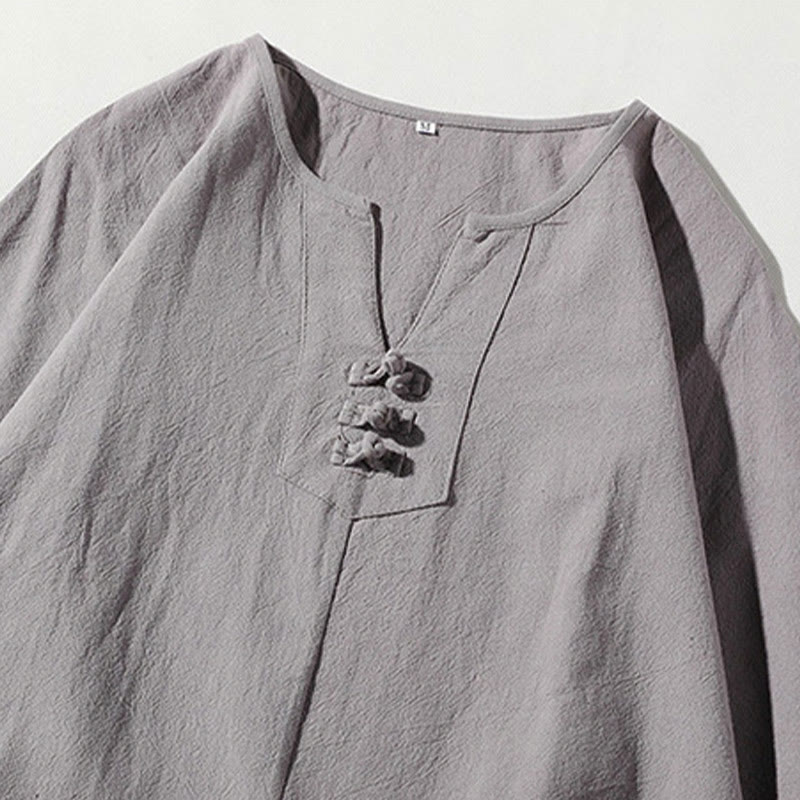 Buddha Stones 2Pcs Plain Notched Collar T-Shirt 7-8 Length Wide Leg Shorts With Pockets Cotton Linen Men's Meditation Cloth Set - image 20