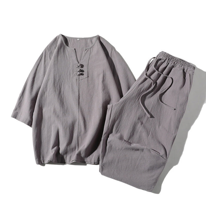 Buddha Stones 2Pcs Plain Notched Collar T-Shirt 7-8 Length Wide Leg Shorts With Pockets Cotton Linen Men's Meditation Cloth Set - Silver - US/UK/AU46,EU56 (5XL) - image 19