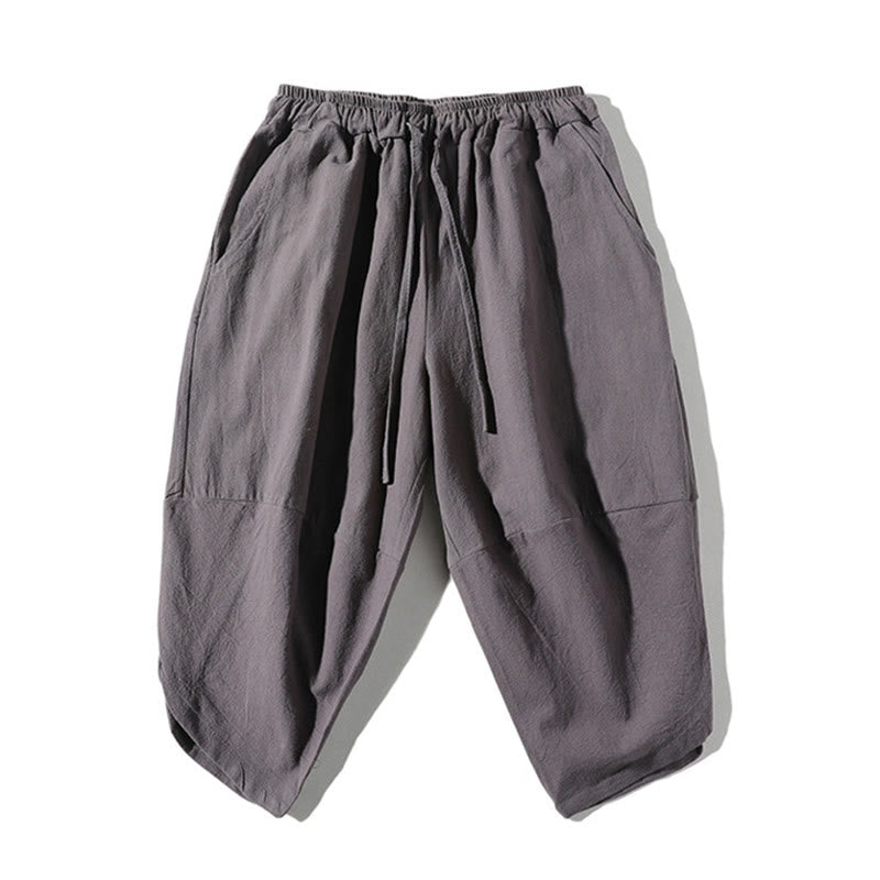 Buddha Stones 2Pcs Plain Notched Collar T-Shirt 7-8 Length Wide Leg Shorts With Pockets Cotton Linen Men's Meditation Cloth Set - image 3