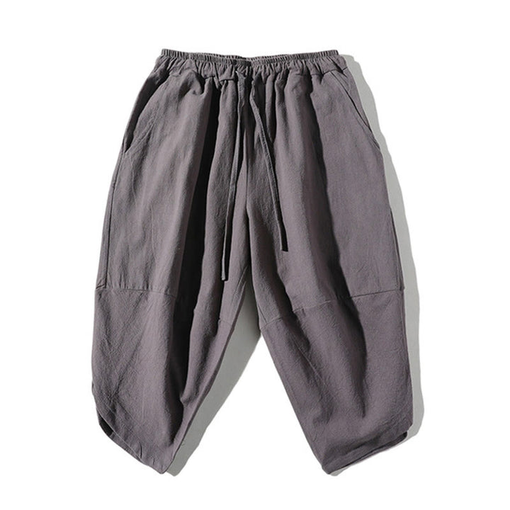 Buddha Stones 2Pcs Plain Notched Collar T-Shirt 7-8 Length Wide Leg Shorts With Pockets Cotton Linen Men's Meditation Cloth Set - image 3