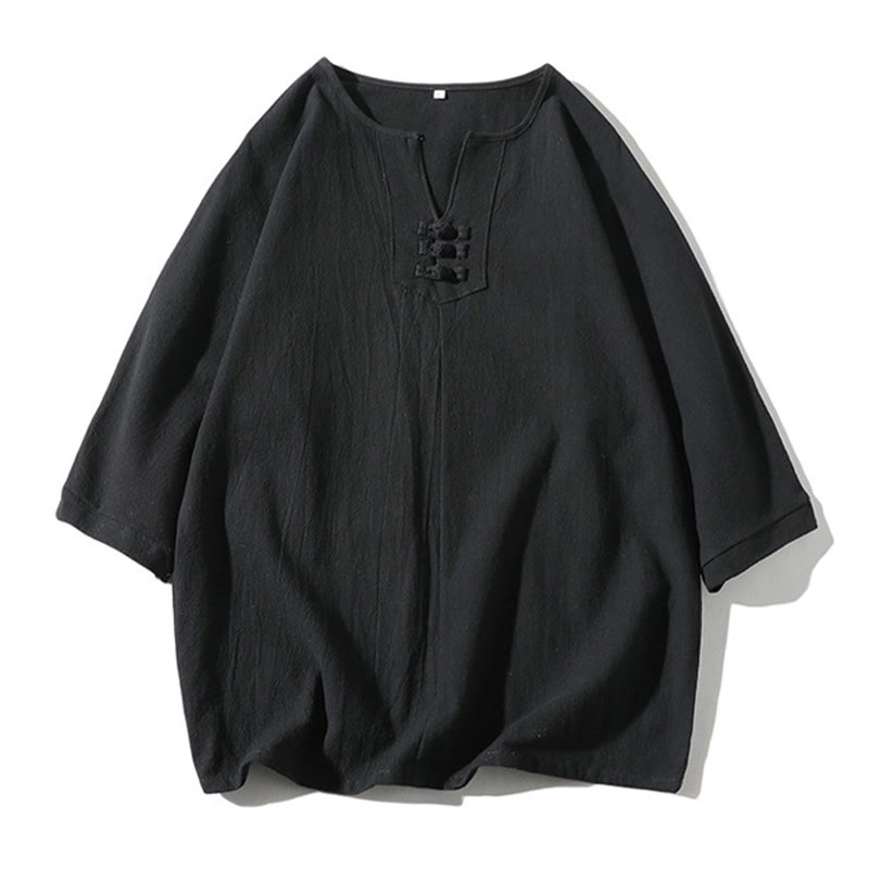 Buddha Stones 2Pcs Plain Notched Collar T-Shirt 7-8 Length Wide Leg Shorts With Pockets Cotton Linen Men's Meditation Cloth Set - image 18