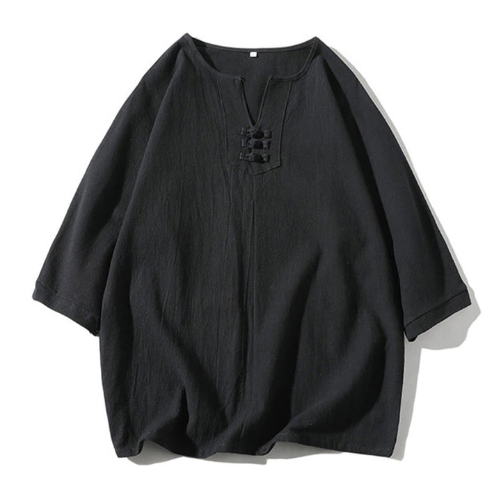 Buddha Stones 2Pcs Plain Notched Collar T-Shirt 7-8 Length Wide Leg Shorts With Pockets Cotton Linen Men's Meditation Cloth Set - image 18