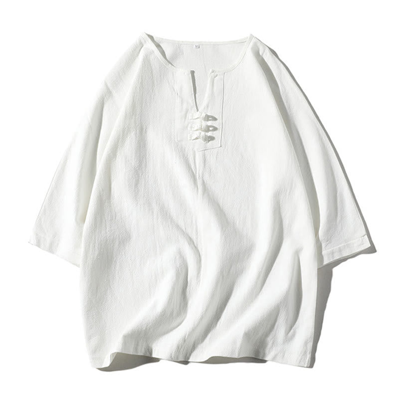 Buddha Stones 2Pcs Plain Notched Collar T-Shirt 7-8 Length Wide Leg Shorts With Pockets Cotton Linen Men's Meditation Cloth Set - image 15