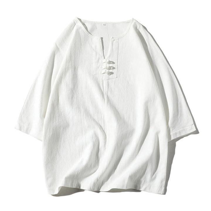 Buddha Stones 2Pcs Plain Notched Collar T-Shirt 7-8 Length Wide Leg Shorts With Pockets Cotton Linen Men's Meditation Cloth Set - image 15