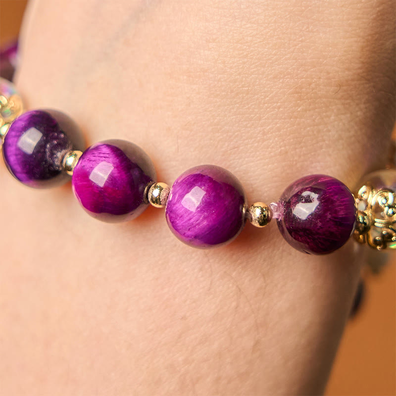 Buddha Stones Natural Red Tiger Eye Purple Tiger Eye Beads Green Leaf Protection Bracelet - image 14