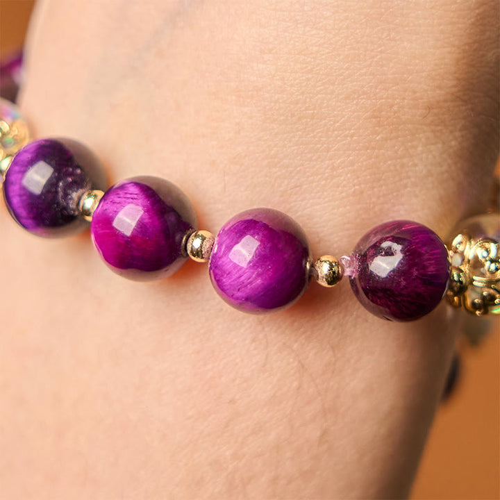 Buddha Stones Natural Red Tiger Eye Purple Tiger Eye Beads Green Leaf Protection Bracelet - image 14