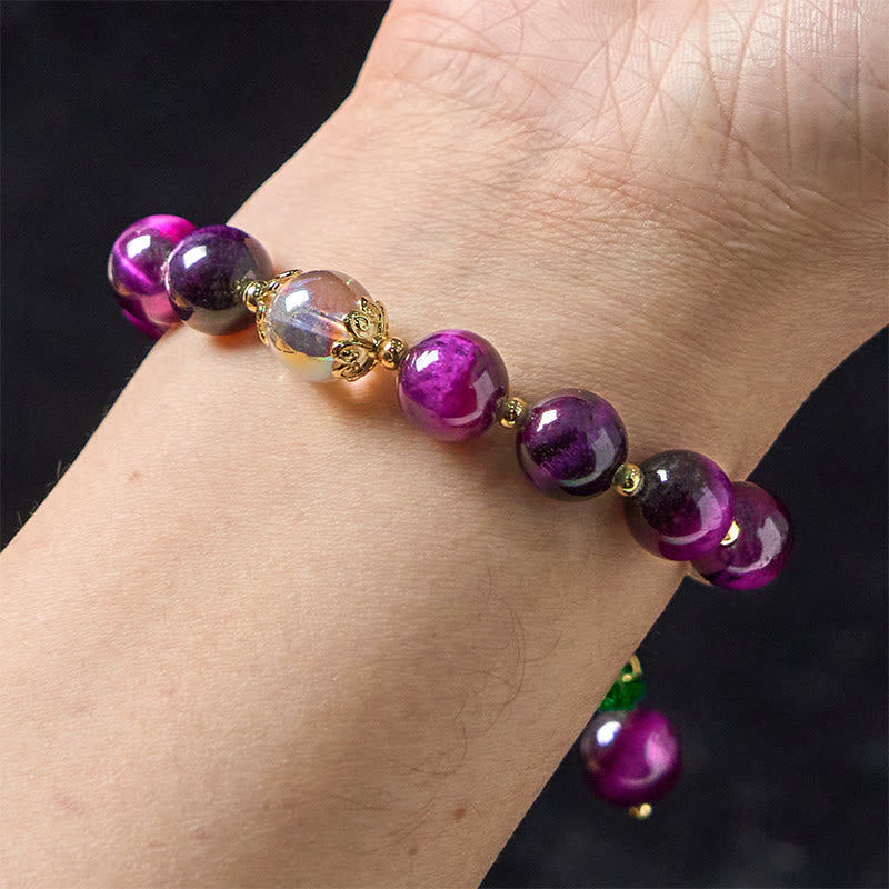 Buddha Stones Natural Red Tiger Eye Purple Tiger Eye Beads Green Leaf Protection Bracelet - image 15