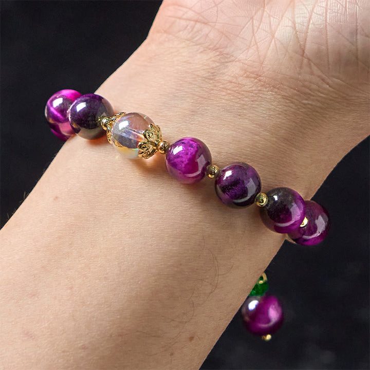 Buddha Stones Natural Red Tiger Eye Purple Tiger Eye Beads Green Leaf Protection Bracelet - image 15