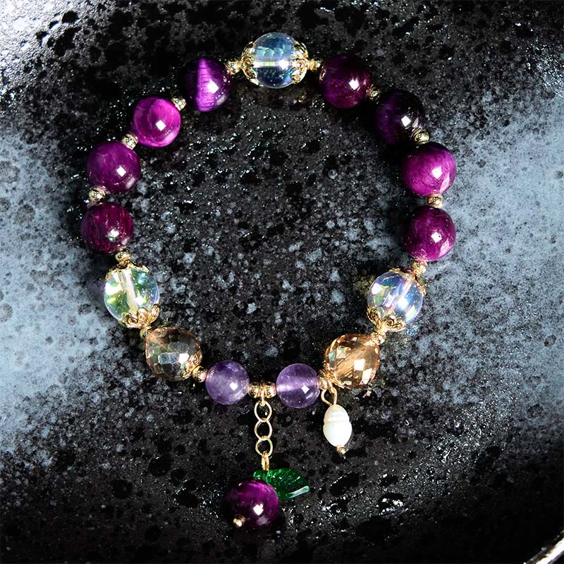 Buddha Stones Natural Red Tiger Eye Purple Tiger Eye Beads Green Leaf Protection Bracelet - image 10