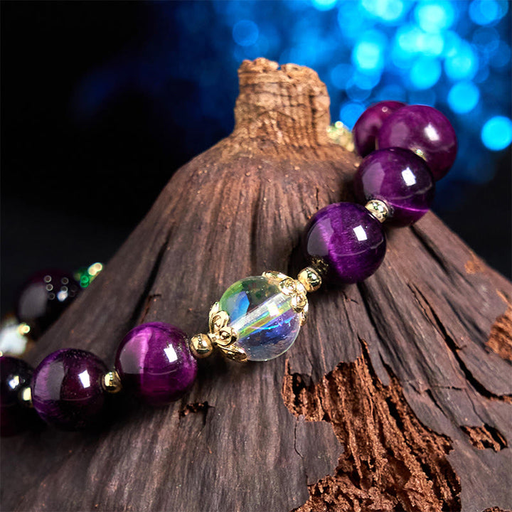 Buddha Stones Natural Red Tiger Eye Purple Tiger Eye Beads Green Leaf Protection Bracelet - image 11