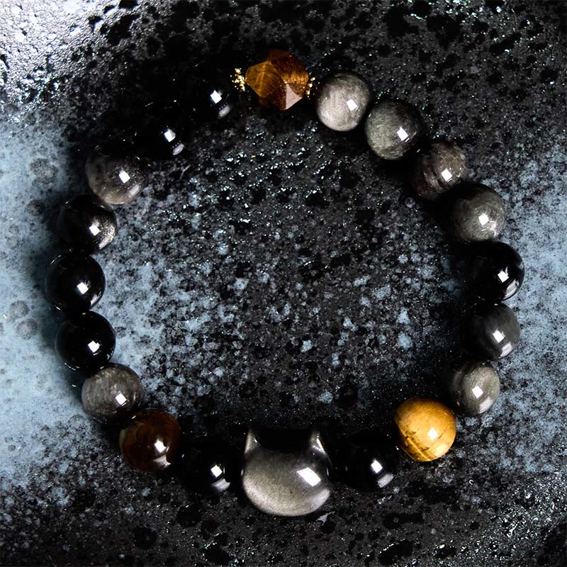 Buddha Stones Natural Silver Sheen Obsidian Beads Cute Cat Soothing Bracelet - image 1