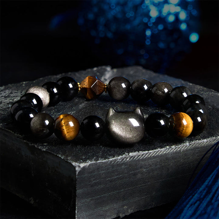 Buddha Stones Natural Silver Sheen Obsidian Beads Cute Cat Soothing Bracelet - image 2