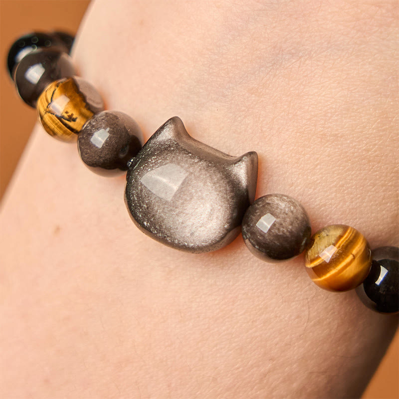 Buddha Stones Natural Silver Sheen Obsidian Beads Cute Cat Soothing Bracelet - image 4
