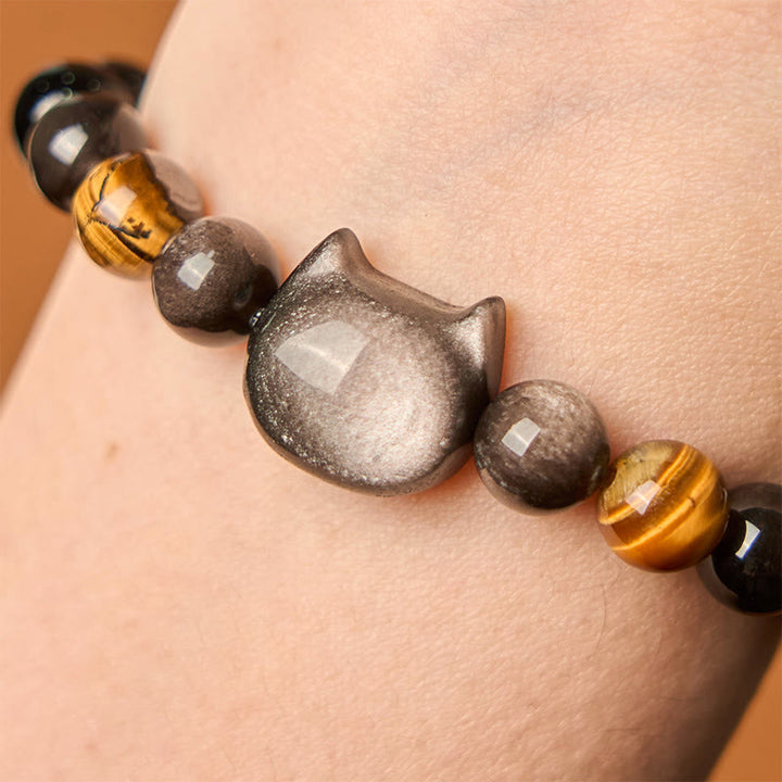 Buddha Stones Natural Silver Sheen Obsidian Beads Cute Cat Soothing Bracelet - image 4