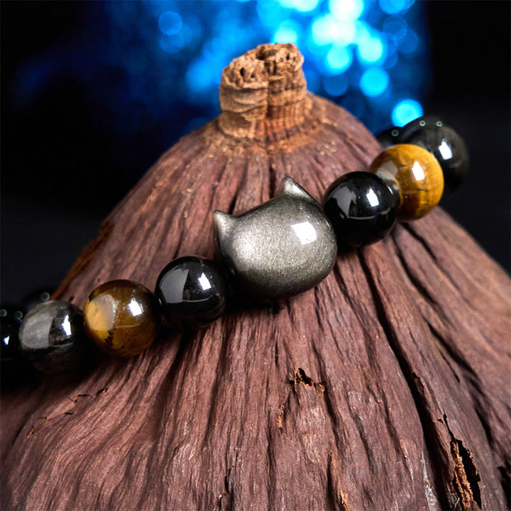 Buddha Stones Natural Silver Sheen Obsidian Beads Cute Cat Soothing Bracelet - image 3