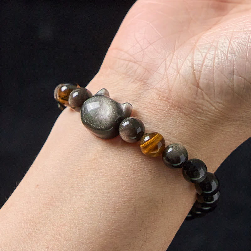 Buddha Stones Natural Silver Sheen Obsidian Beads Cute Cat Soothing Bracelet - image 5