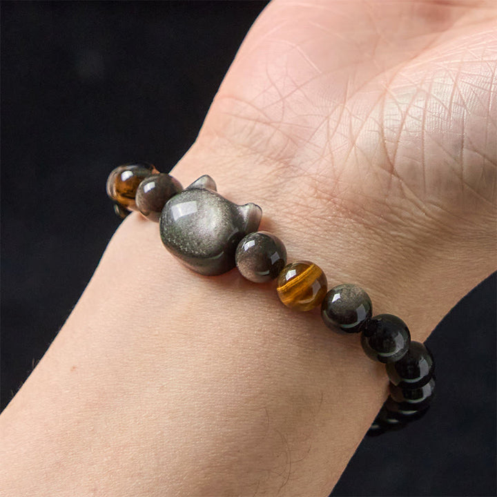 Buddha Stones Natural Silver Sheen Obsidian Beads Cute Cat Soothing Bracelet - image 5