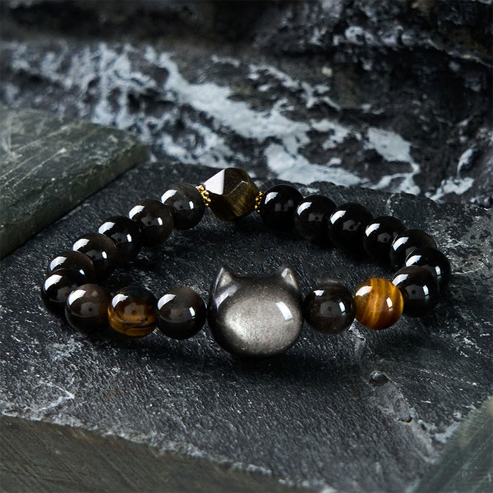 Buddha Stones Natural Silver Sheen Obsidian Beads Cute Cat Soothing Bracelet - 21-22CM - image 0