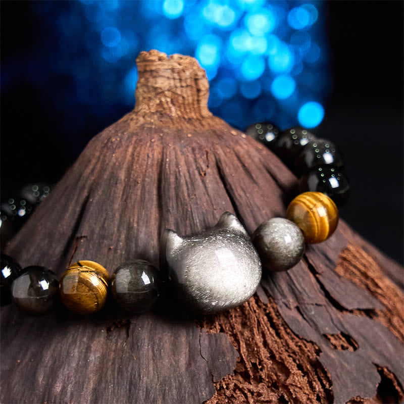 Buddha Stones Natural Silver Sheen Obsidian Beads Cute Cat Soothing Bracelet - image 6