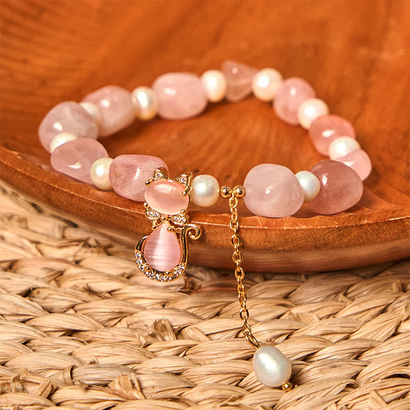 Buddha Stones Natural Strawberry Quartz Pearl Cat Positive Bracelet - image 1
