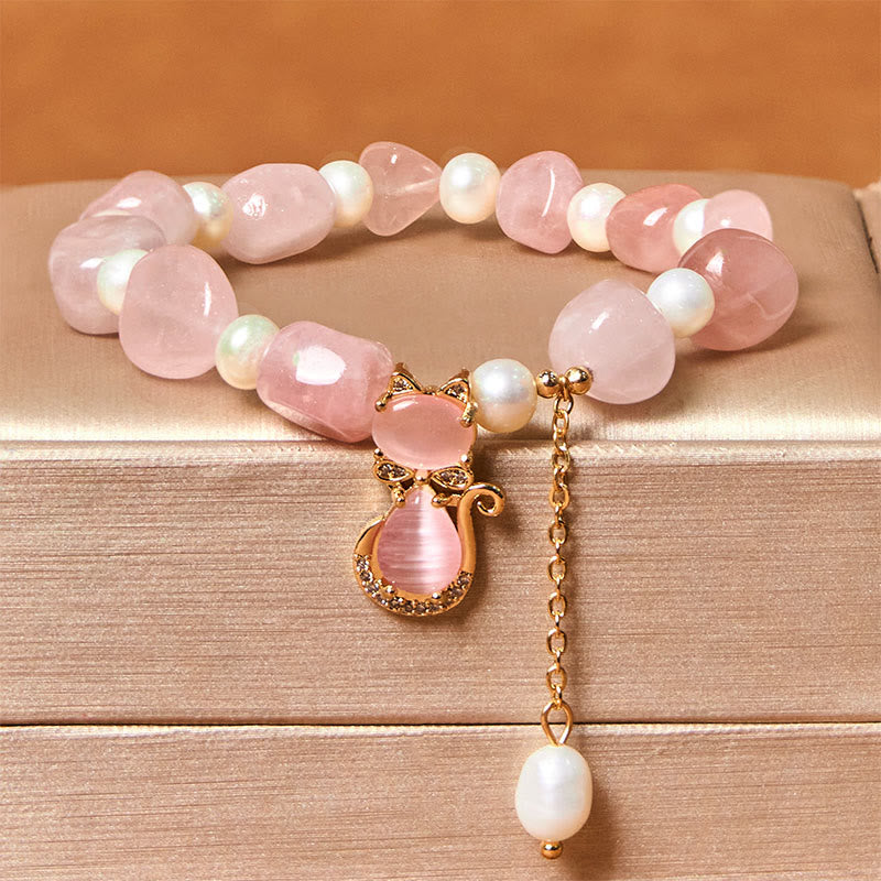 Buddha Stones Natural Strawberry Quartz Pearl Cat Positive Bracelet - Strawberry Quartz&Pearl(Wrist Circumference: 15-17cm) - image 0
