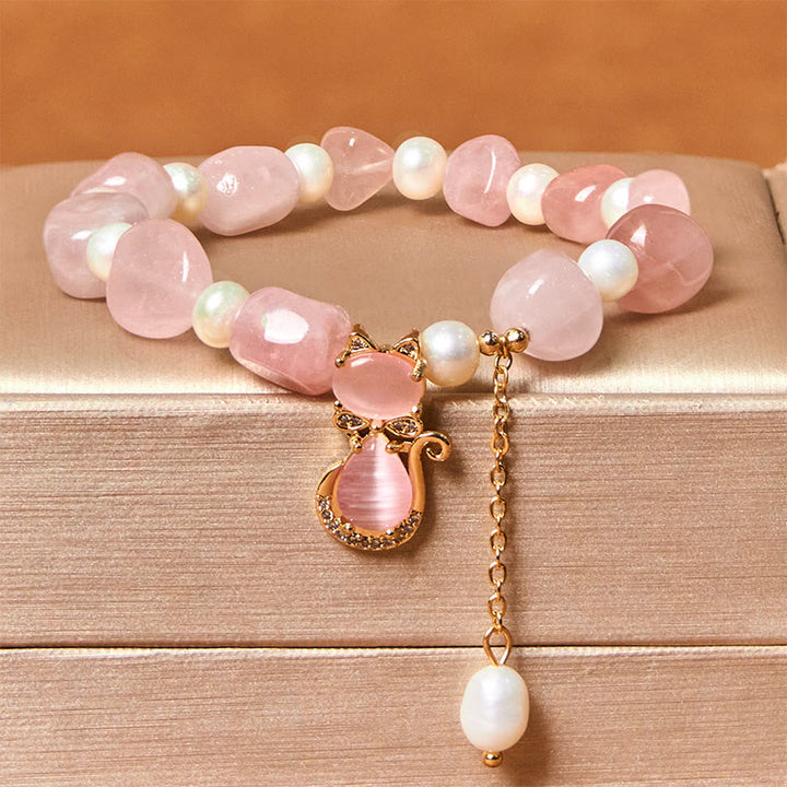 Buddha Stones Natural Strawberry Quartz Pearl Cat Positive Bracelet - Strawberry Quartz&Pearl(Wrist Circumference: 15-17cm) - image 0